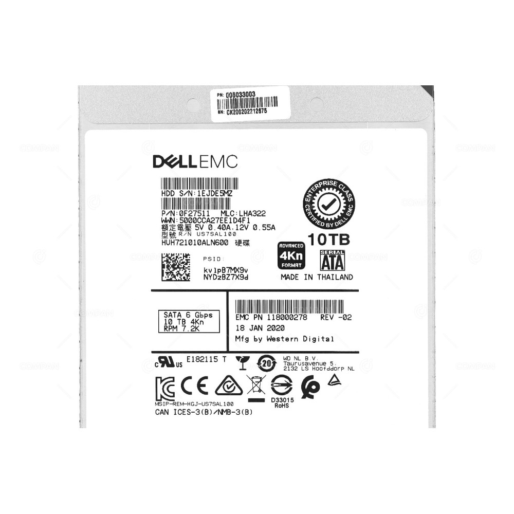005033003  EMC HDD 10TB 7.2K SATA 6G 4KN 3.5" LFF FOR EMC ISILON A2000